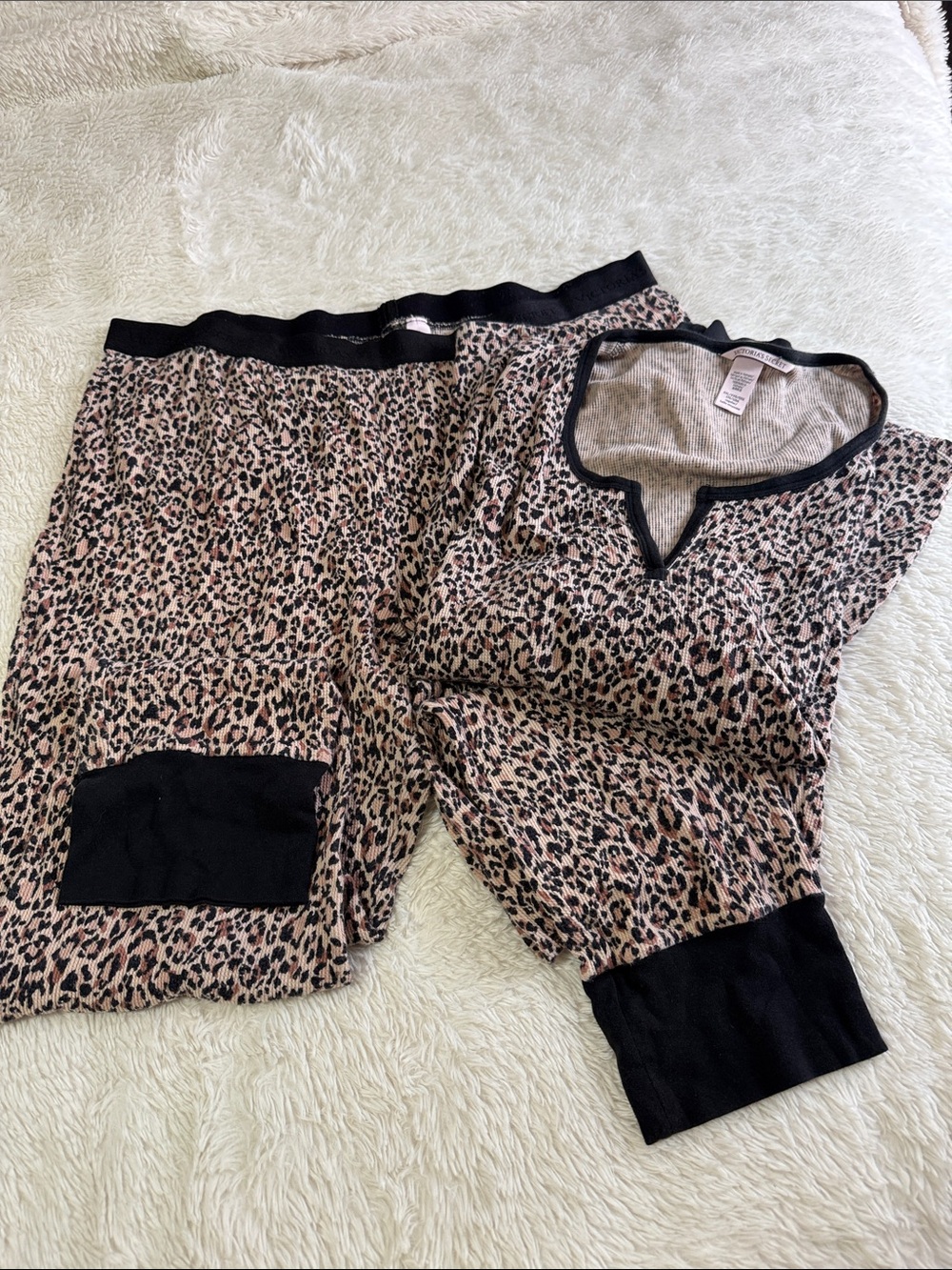 Victoria's Secret Pink Leopard Print Pajama Set with Black Trim